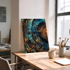 Modern Abstract Tree Ring Canvas Art, Blue and Gold Wood Slice Wall Decor, Luxury Nature Print for Living Room