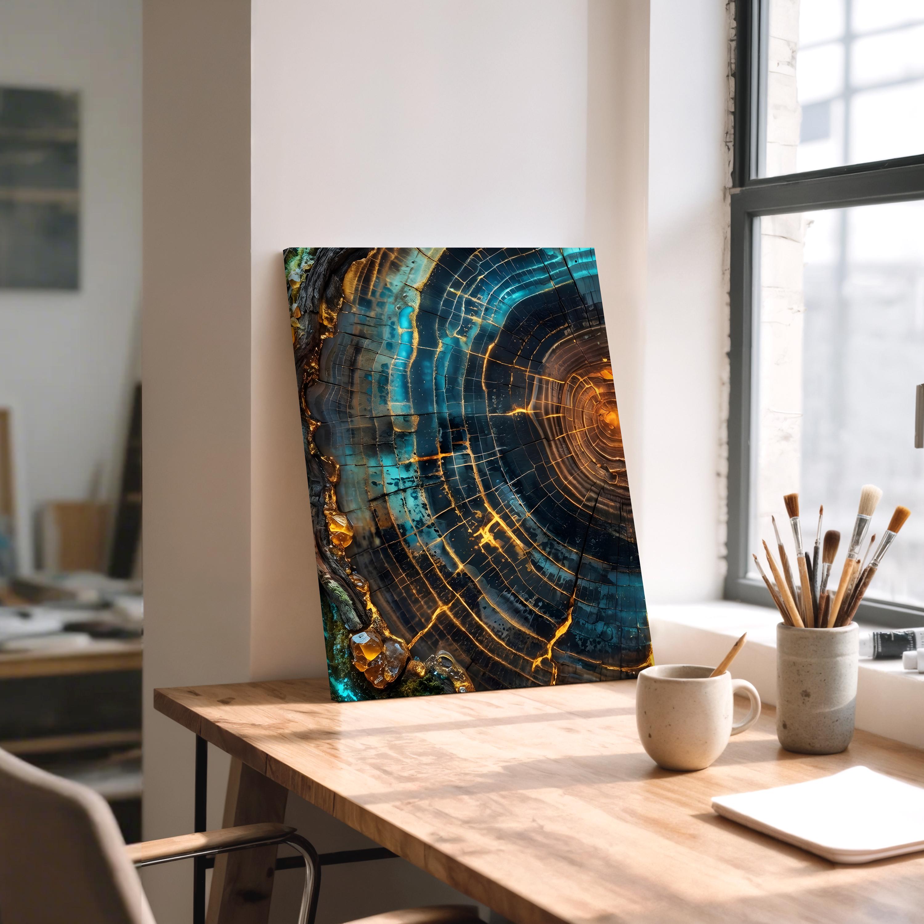 Modern Abstract Tree Ring Canvas Art, Blue and Gold Wood Slice Wall Decor, Luxury Nature Print for Living Room