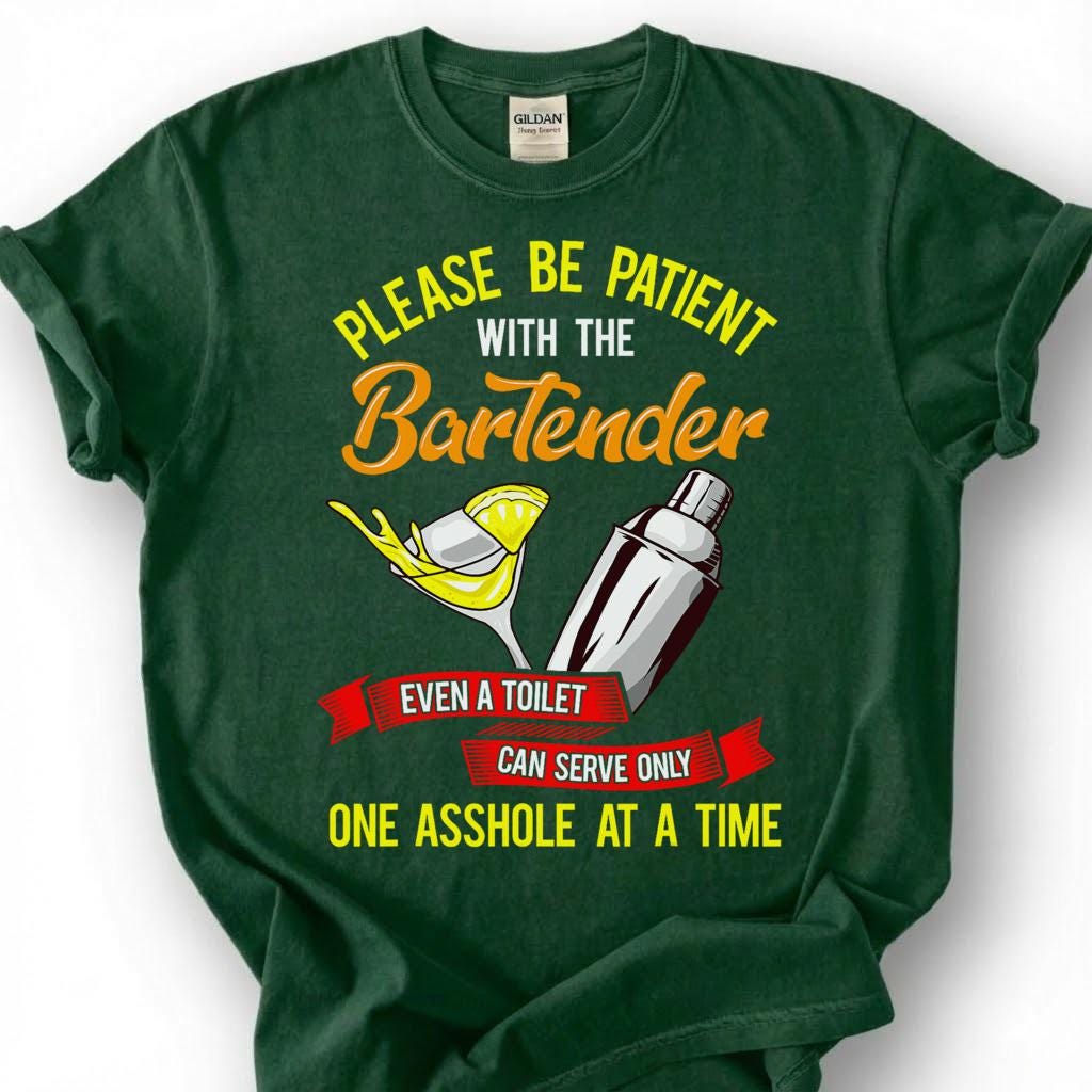 Be Patient With Bartender Toilet Serves One Asshole Shirt, Cocktail Shaker Sass Tee, Mixologist Humor Top, Pub Worker Quote Apparel