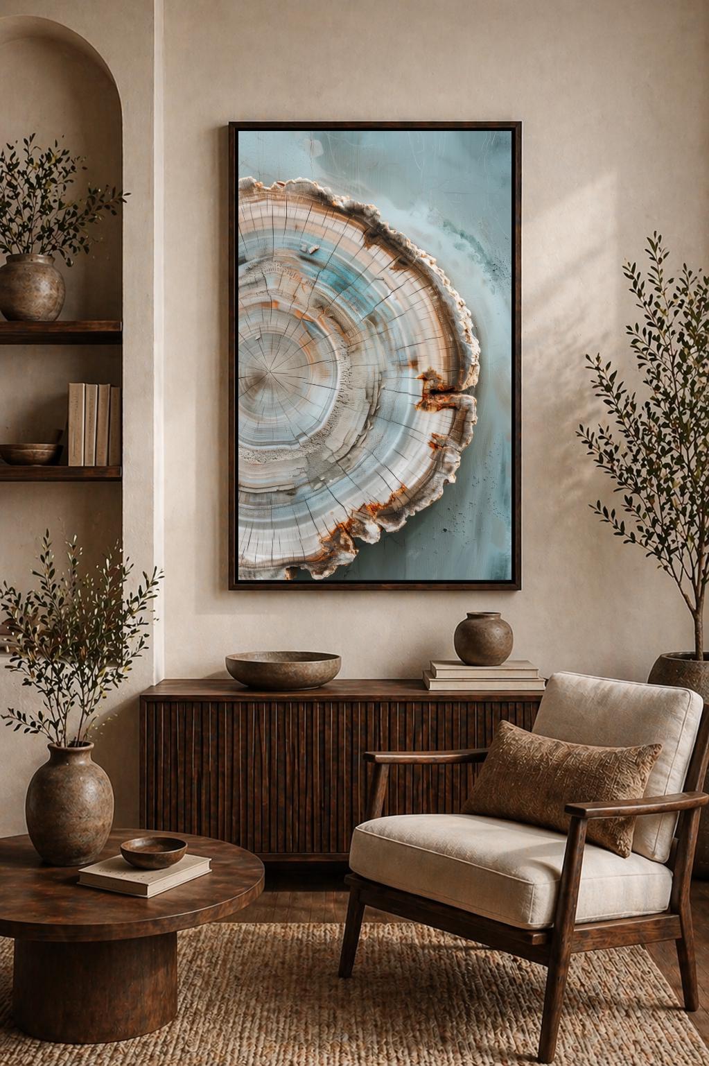 Tree Ring Canvas Art, Framed Wood Slice Nature Decor, Organic Living Room Print