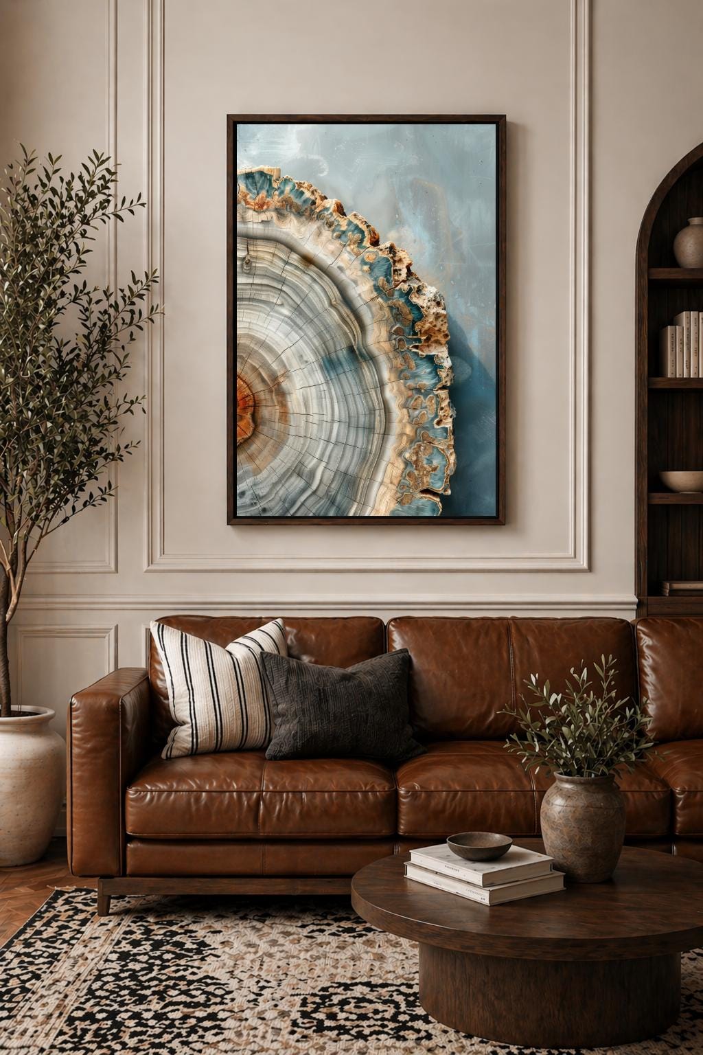 Petrified Wood Canvas Print, Blue Tree Ring Artwork, Organic Modern Framed Decor