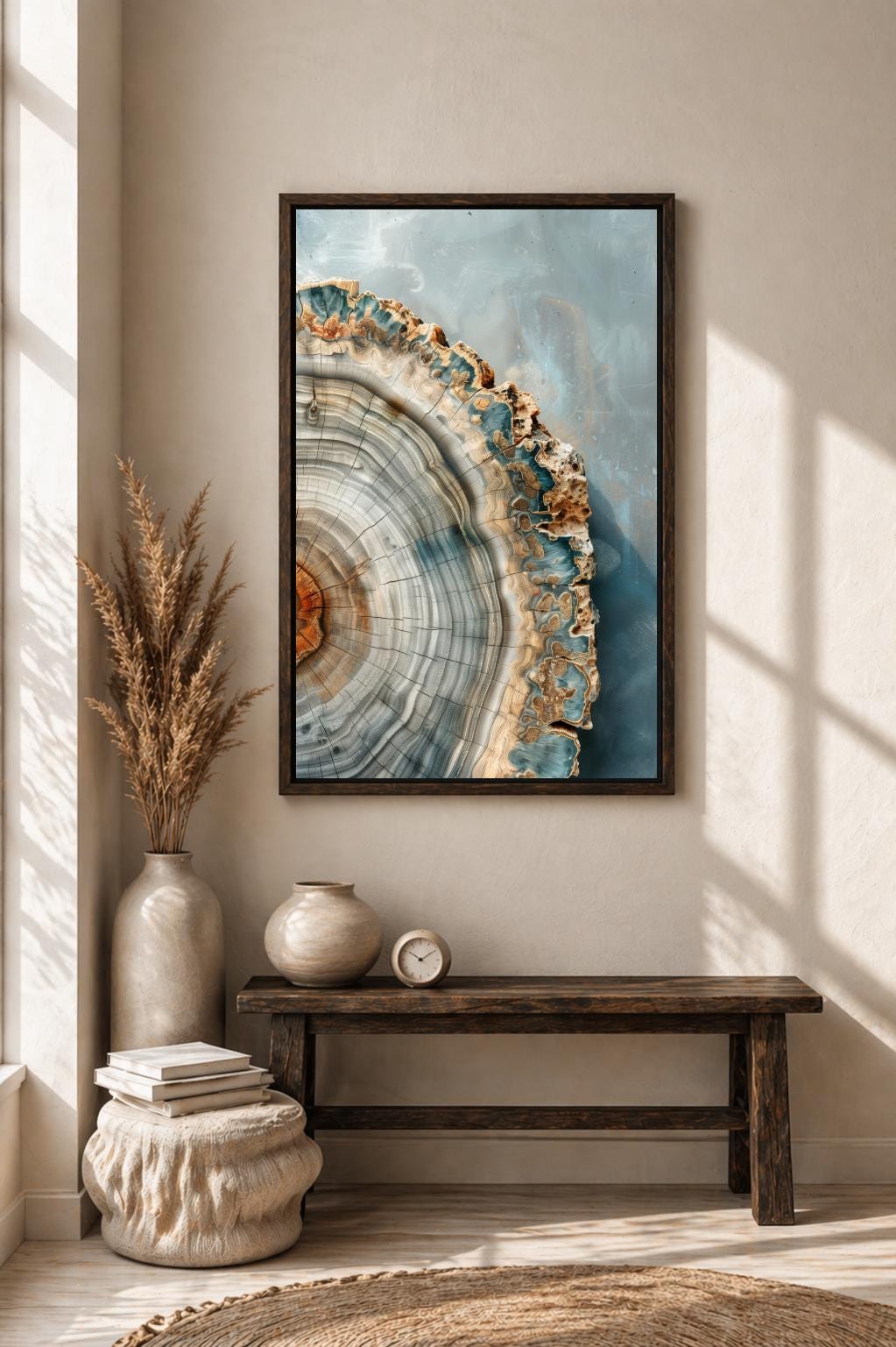 Petrified Wood Canvas Print, Blue Tree Ring Artwork, Organic Modern Framed Decor