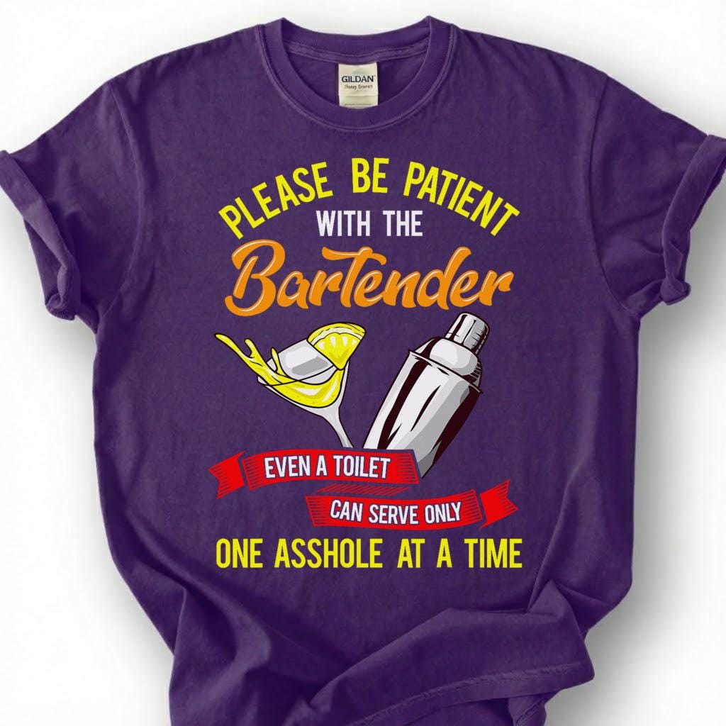 Be Patient With Bartender Toilet Serves One Asshole Shirt, Cocktail Shaker Sass Tee, Mixologist Humor Top, Pub Worker Quote Apparel