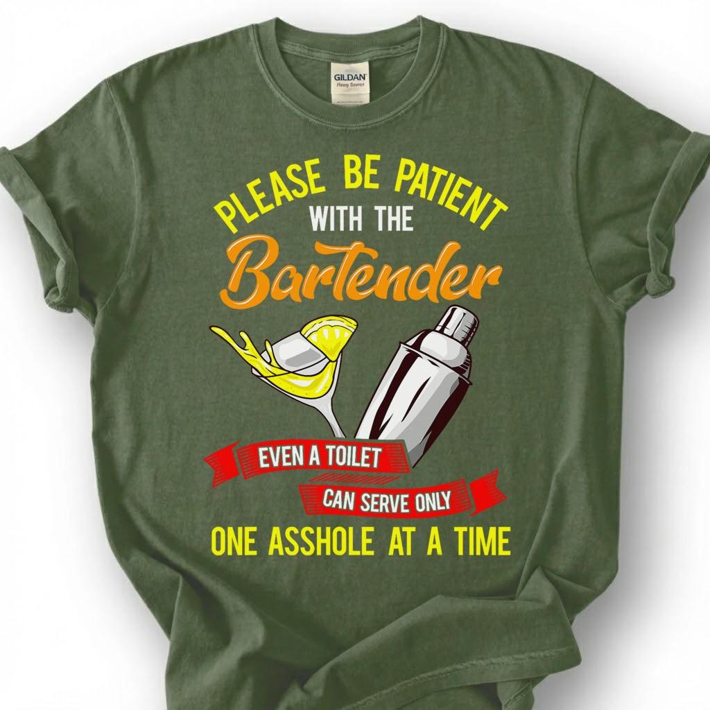 Be Patient With Bartender Toilet Serves One Asshole Shirt, Cocktail Shaker Sass Tee, Mixologist Humor Top, Pub Worker Quote Apparel